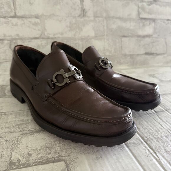 Ferragamo Men David Gancini Brown Leather Lug Sole Loafers Old Money Sz 9.5 main image 10